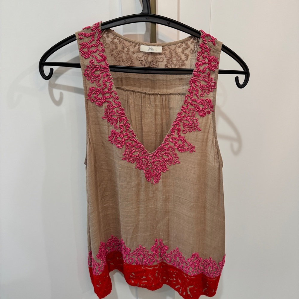 Joie Tan w/Pink & Red Beaded Linen tank top
